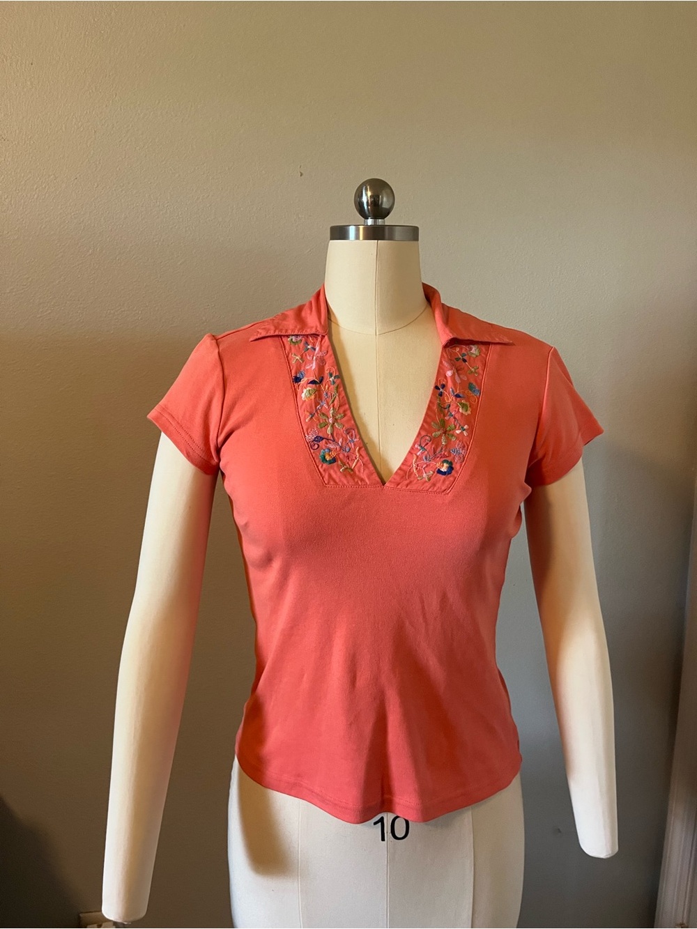 Fashion Bug Coral Pink Embroidered V-Neck Cotton Polo Top Size Small